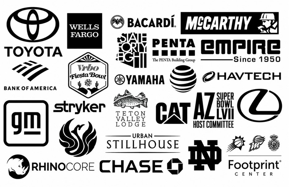 Client logos: Toyota, Wells Fargo, Bacardí, McCarthy, Bank of America, Vrbo Fiesta Bowl, Penta, Empire, State Forty Eight, Yamaha, AT&T, Havtech, Stryker, Teton Valley Lodge, CAT, AZ Super Bowl LVII Host Committee, Lexus, GM, Urban Stillhouse, Chase, Notre Dame, Phoenix Suns, Rhinocore, Footprint Center
